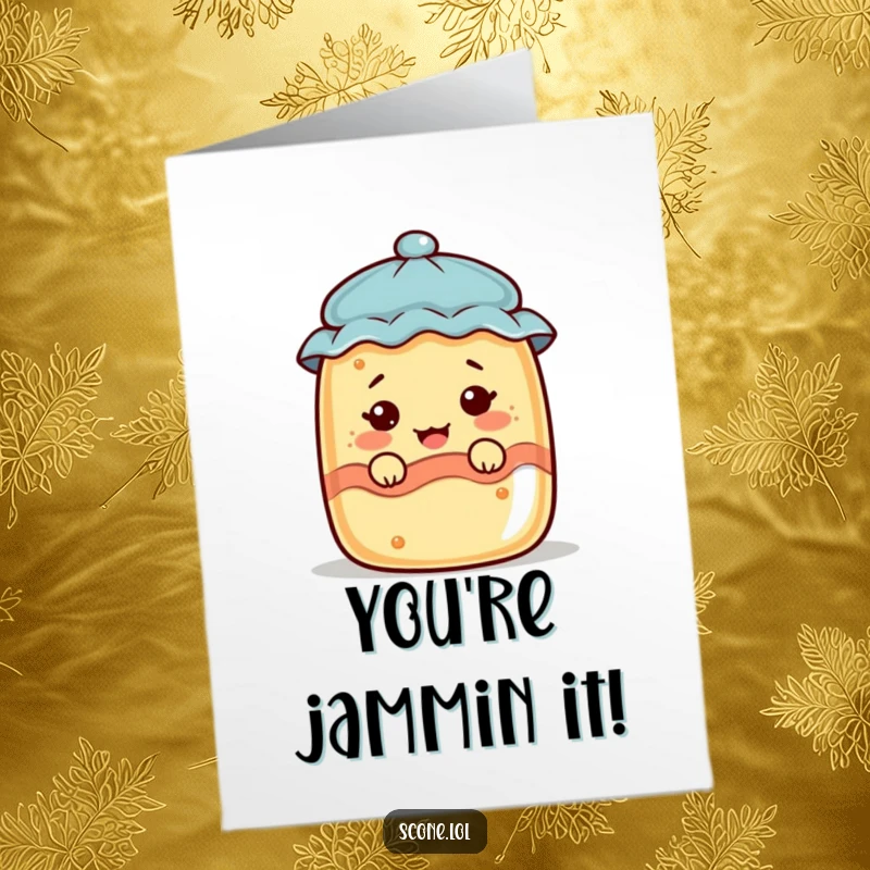 Funny Free Printable Congrats Card: A scone character peeking from a jam jar with a comical expression.
