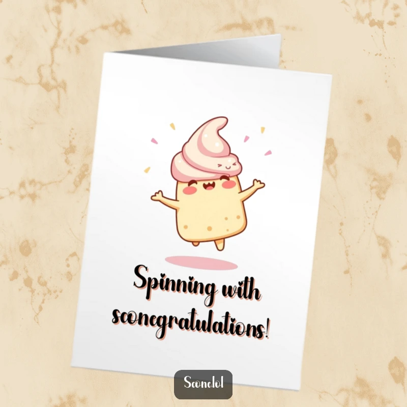 Funny Free Printable Congratulations Card featuring a scone character doing a joyful celebratory spin, perfect for winners.