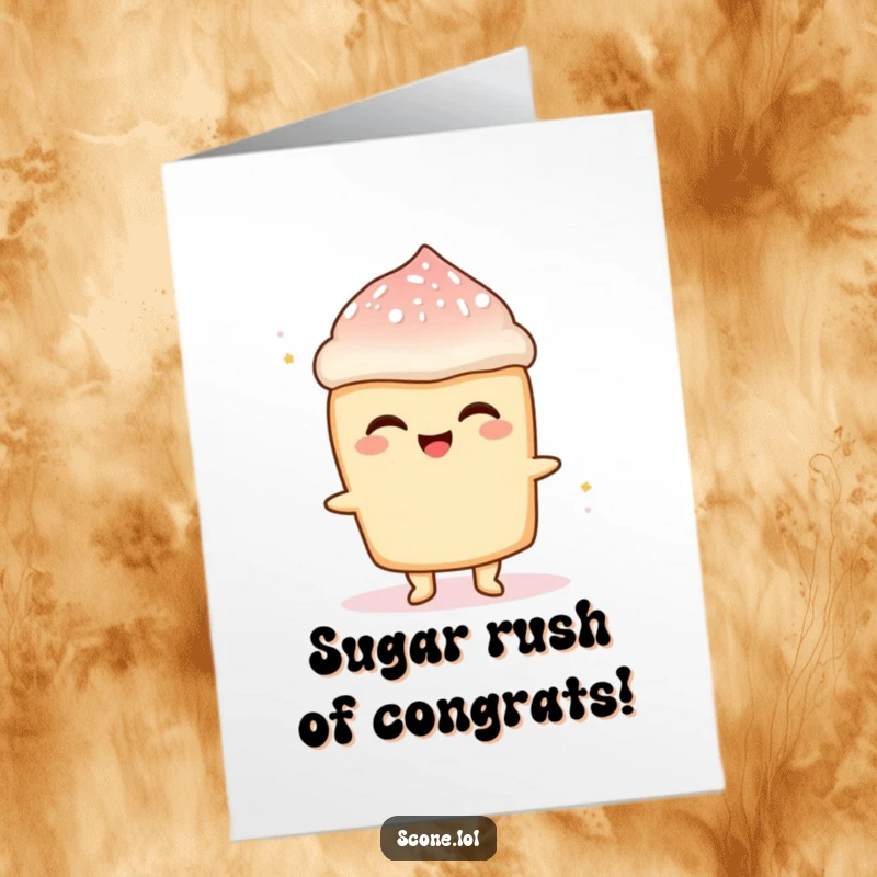 Funny Free Printable Congratulations Card: A joyous scone character, dusted with powdered sugar, radiates happiness for a big achievement.