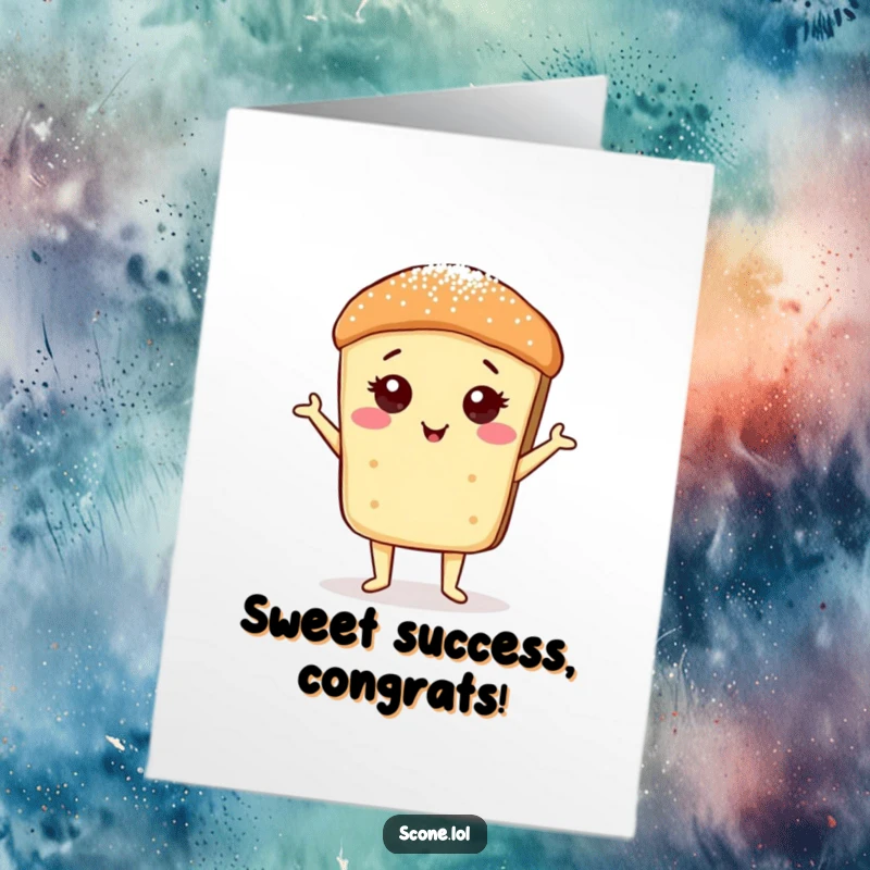 Humorous free printable congratulations card of a scone striking a proud pose, lightly dusted with sugar.