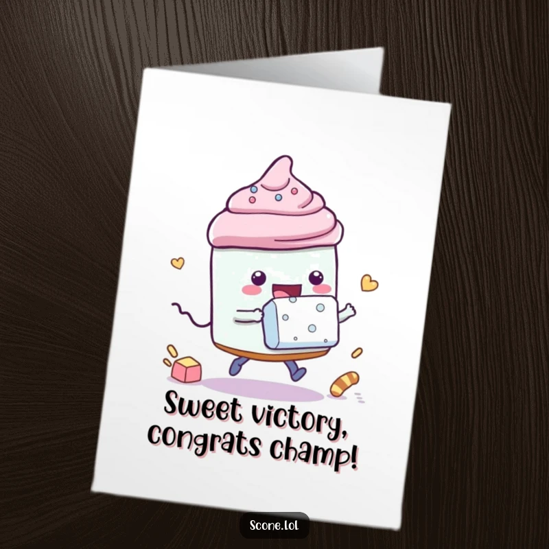 Funny Free Printable Congratulations Card: A scone character playfully races a sugar cube, celebrating a sweet victory.