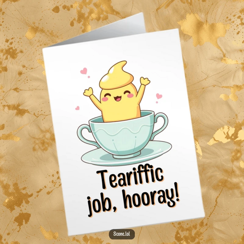 Funny Free Printable Congratulations Card: A scone character does a clumsy yet fun dance within the confines of a small teacup.