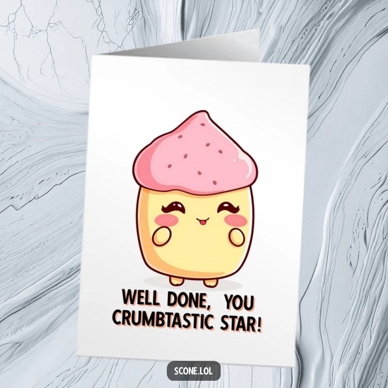 Funny Free Printable Congratulations Card: A flustered scone blushes vividly upon hearing a wonderful compliment, celebrating your success.
