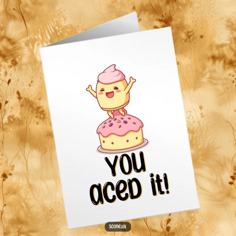 Funny Free Printable Congratulations Card: A scone character leaps with pure joy onto a miniature teacake, celebrating your win.