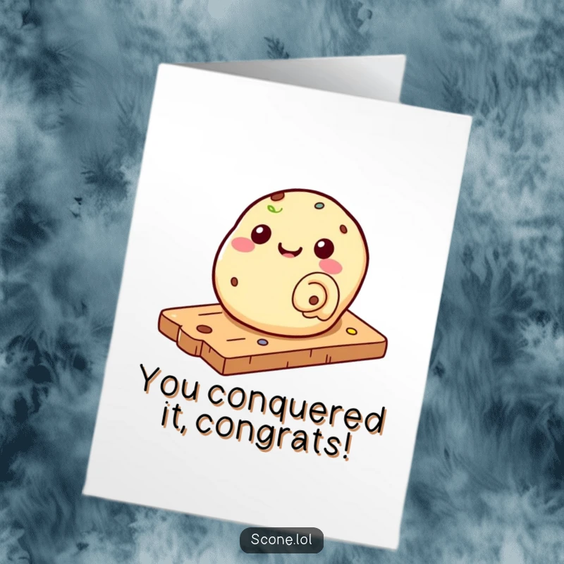 Free Printable Congratulations Card: A scone celebrates success by merrily rolling down a pastry board. Humorous achievement art.