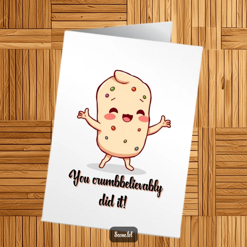 Funny Free Printable Congrats Card: A scone character performs a crumbly, wobbly dance to celebrate.