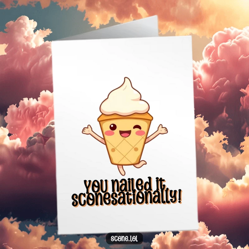 Funny free printable congratulations card showing an excited scone character in a cream hat jumping with delight.