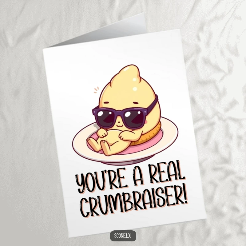 Funny Free Printable congratulations card showcasing a scone character in sunglasses chilling on a plate, ready to party.