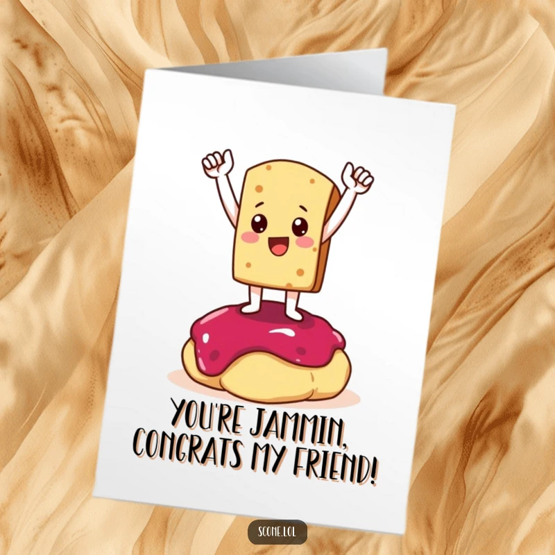 Funny Free Printable Congrats Card: Scone character striking a heroic, triumphant pose on a mound of glistening jam.