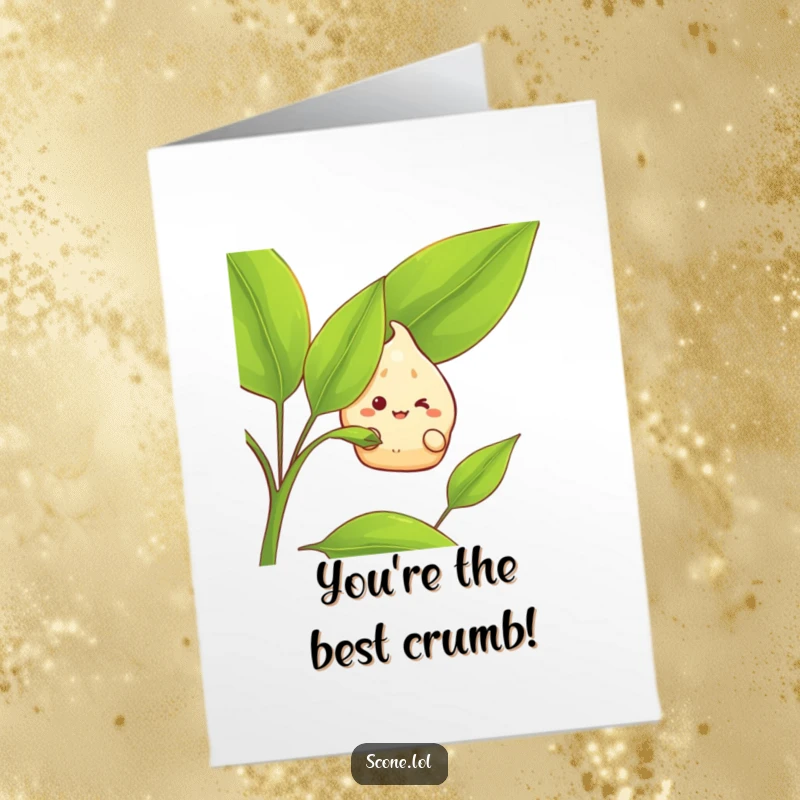Funny Free Printable Congrats Card: A scone character grinning slyly as it peeks from behind a large tea leaf.