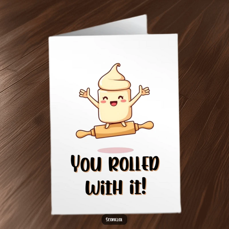 Funny Free Printable Congratulations Card: A scone character teeters precariously on a rolling pin, arms flailing.