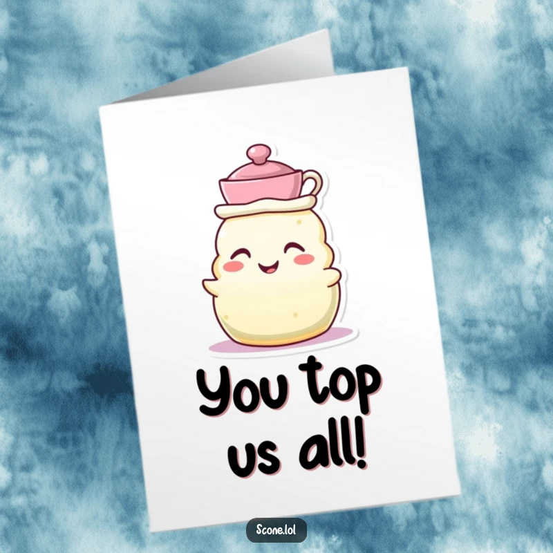 Funny Free Printable Congratulations Card: A grinning scone character sports a tiny teacup as a hat, offering charming congratulations.