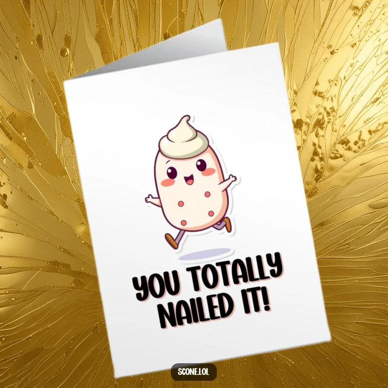 Funny Free Printable Congratulations Card showing a happy scone character in mid-skip, celebrating a big win.