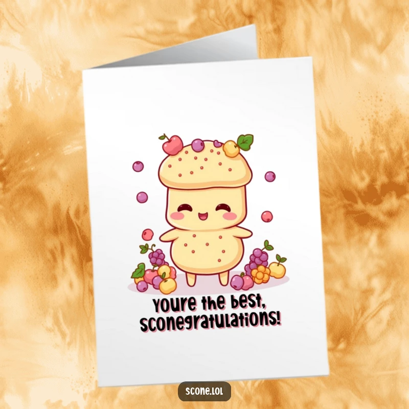 Funny Free Printable Congratulations Card: A cheerful scone character masterfully juggles small currant decorations, celebrating an achievement.