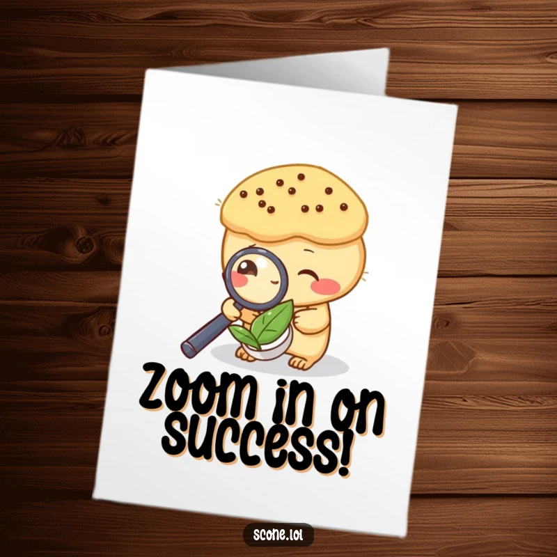 Free Printable Congratulations Card: A scone intently studies a tea leaf with a magnifying glass. Humorous downloadable message.
