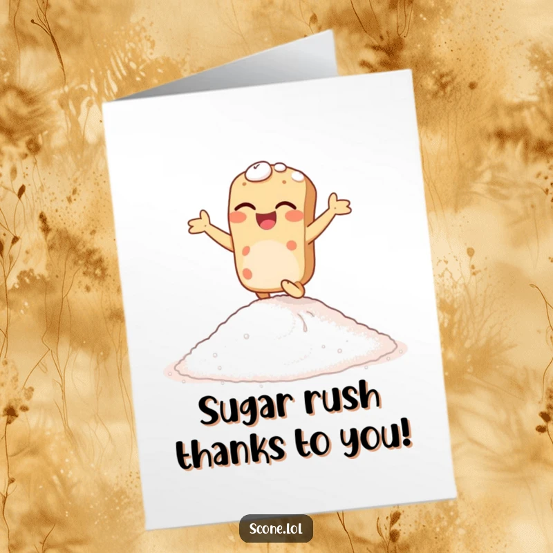 Funny Free Printable Thank You Card with a happy scone hopping on sugar, expressing thanks with giggles.