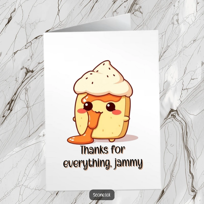 Funny Free Printable Thank You Card: A scone character sports a jam-covered face, looking endearingly bewildered and slightly messy.