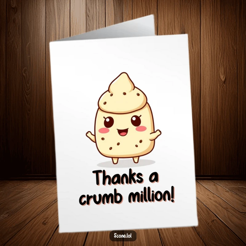 Funny Free Printable Thank You Card: a scone character with a big smile generously offers a small crumb.