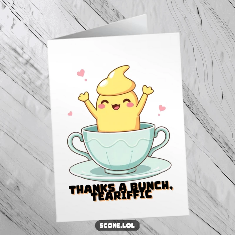 Funny Free Printable Thank You Card: A scone character dances energetically and clumsily inside a tiny teacup, sending thanks.