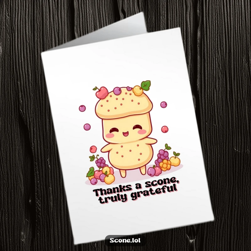 Funny Free Printable Thank You Card: A talented scone character keeps tiny currant decorations in the air with impressive juggling skills.