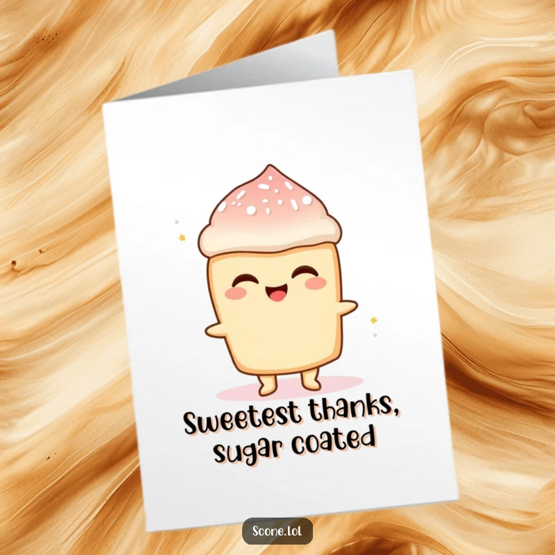 Funny Free Printable Thank You Card: A scone character looks overjoyed with a dusting of powdered sugar flying around it.