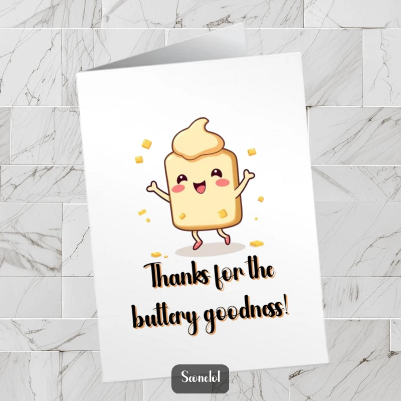 Funny Free Printable Scone Thank You Card: Happy scone character dancing joyfully with butter splatters, sending thanks.