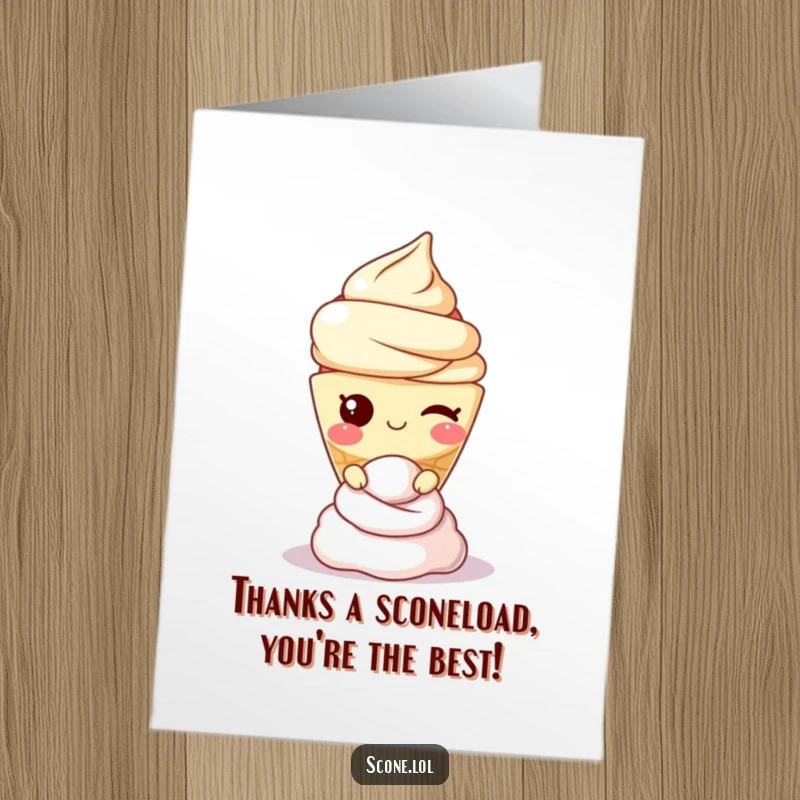 Funny free printable thank you card featuring a winking scone character with a cream topping, conveying thanks.