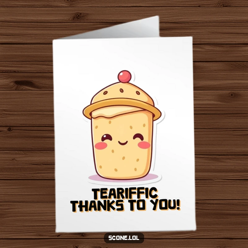 Funny Free Printable Thank You Card of a smiling scone character adorably dressed in a tiny tea hat.