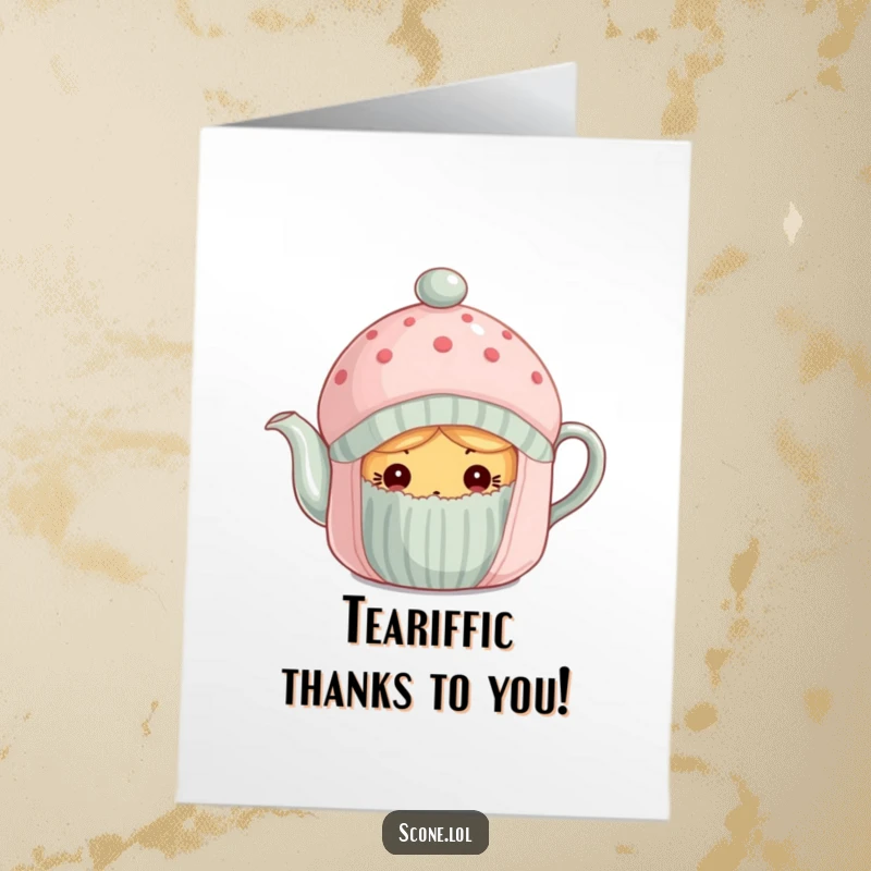 Funny Free Printable Thank You Card: A scone carefully peeking from under a tea cozy, showing a curious expression.