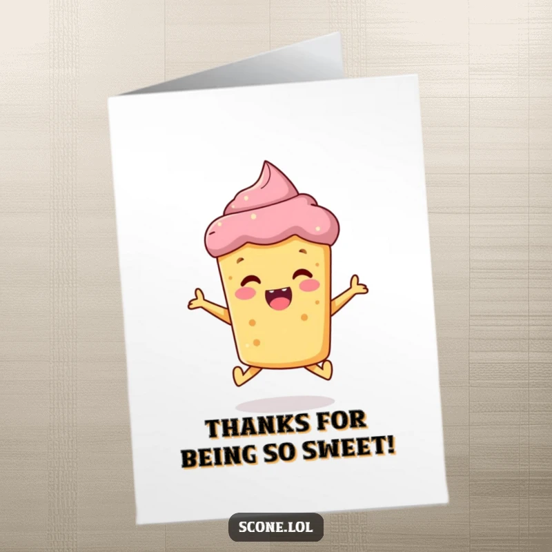 Funny Free Printable Thank You Card: An ecstatic scone mid-air jump, conveying heartfelt thanks with pure joy.