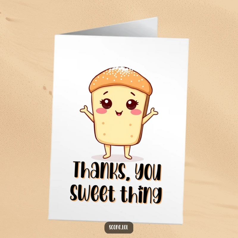 Funny free printable thank you card featuring a scone striking a proud pose with a delicate sugar dusting.