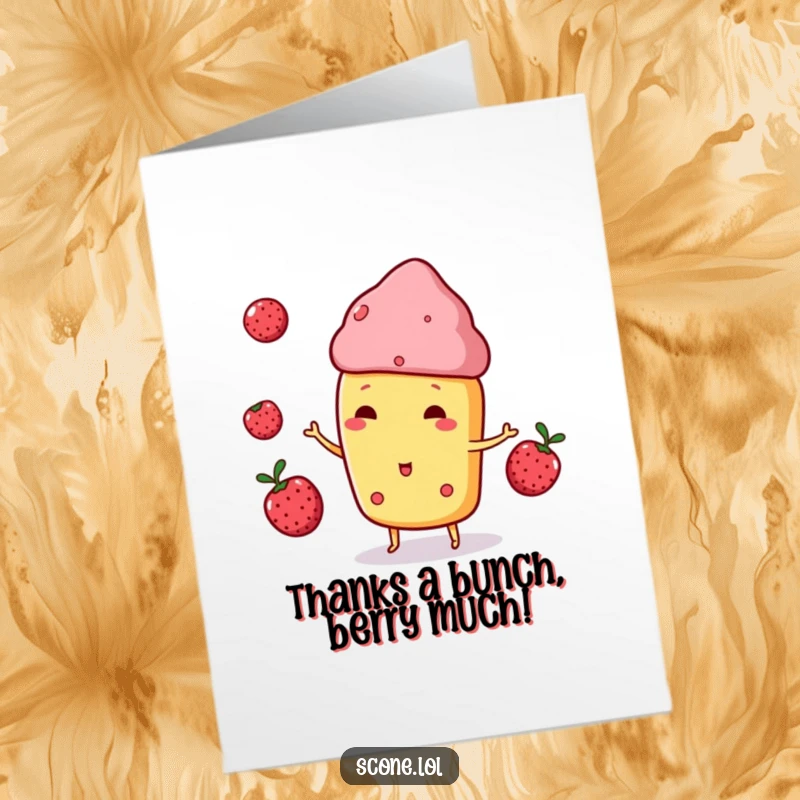 Funny free printable thank you card featuring a scone character playfully juggling three small, round berries.