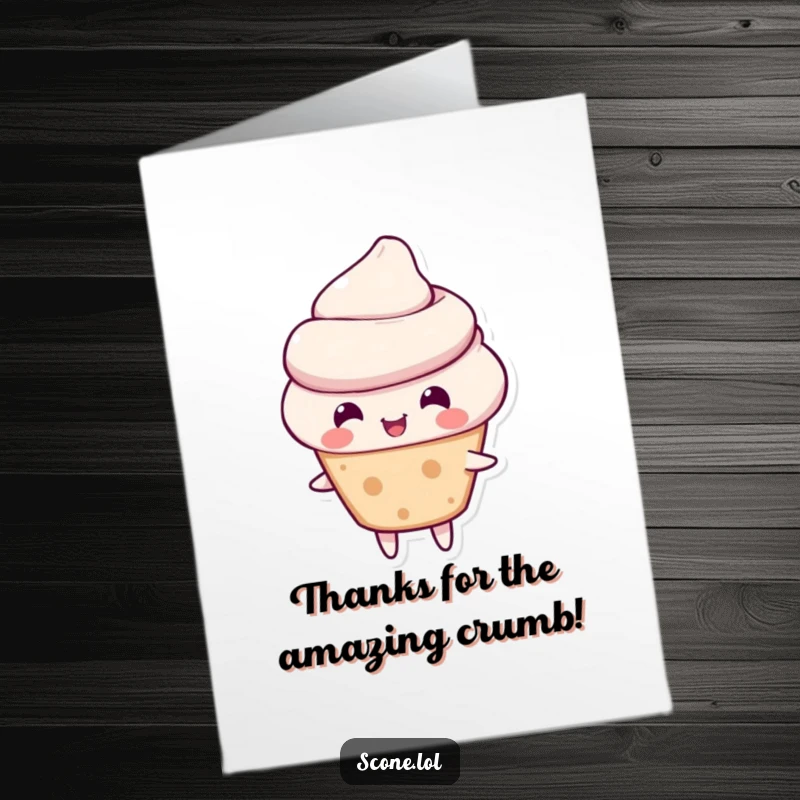 Funny Free Printable Thank You Card: A joyful scone character bouncing, conveying thanks with a cheerful vibe.