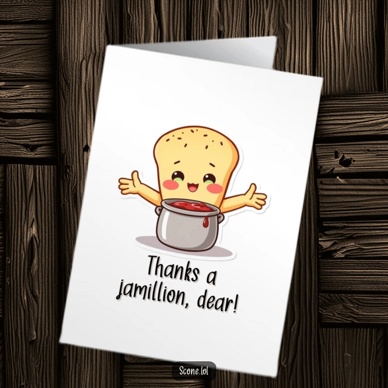 Funny Free Printable Thank You Card: Scone character with arms outstretched, giving a big hug to a pot of jam.