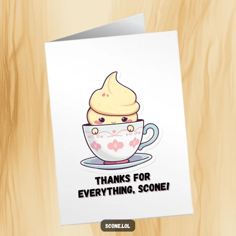 Funny Free Printable Thank You Card: A scone character playfully peeking from behind a teacup, sending thanks.