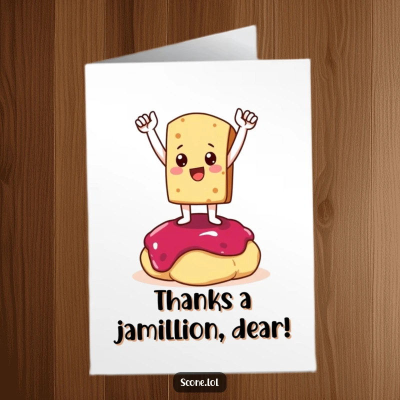 Funny Free Printable Thank You Card: Scone character striking a victorious pose atop a glossy dollop of jam.