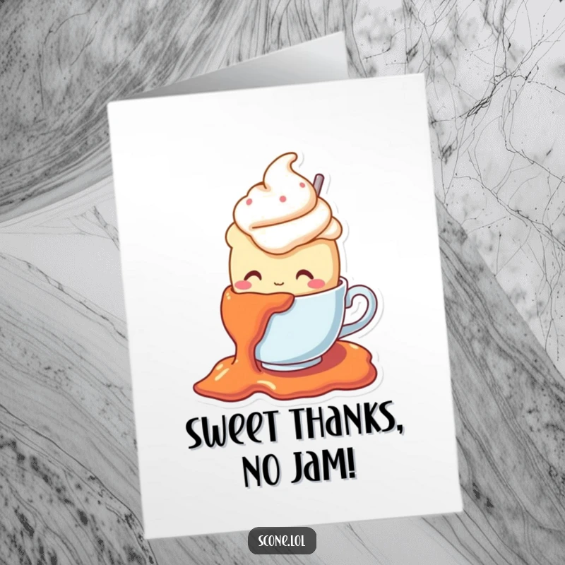Funny Free Printable Thank You Card: A scone character wearing a teacup hat slips dramatically on jam.