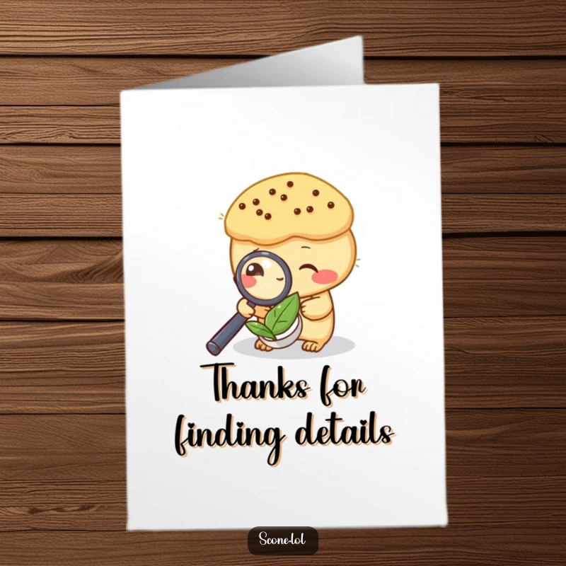 Funny Free Printable Thank You Card: A scone peers closely at a tea leaf with a magnifying glass. Quirky downloadable appreciation.
