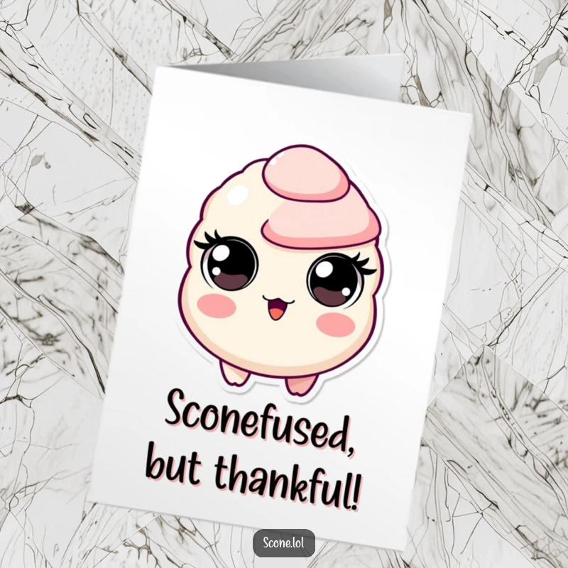 Funny Free Printable Thank You Card: A scone character with large, circular eyes, looking genuinely surprised and thankful.