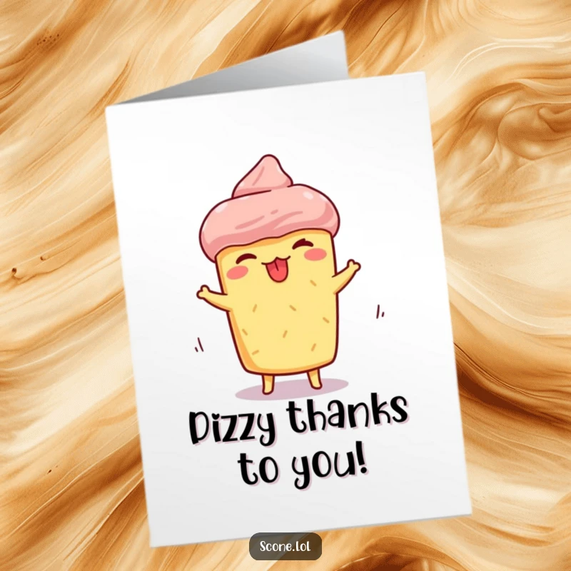 Funny Free Printable Thank You Card of a scone sticking its tongue out and spinning with a silly expression, saying thanks.