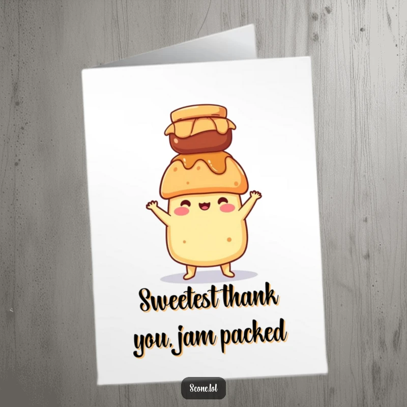Funny Free Printable Thank You Card: A scone character balances a jar of jam on its head, offering thanks.