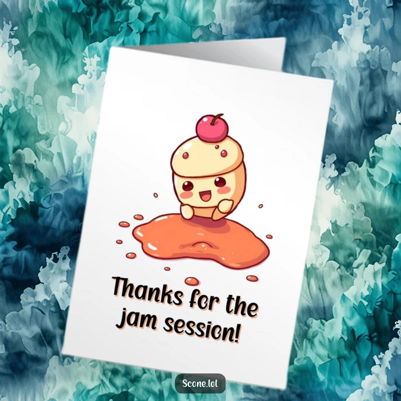 Funny Free Printable Thank You Card: A scone character performing a dramatic slide across a jam puddle, showing thanks.