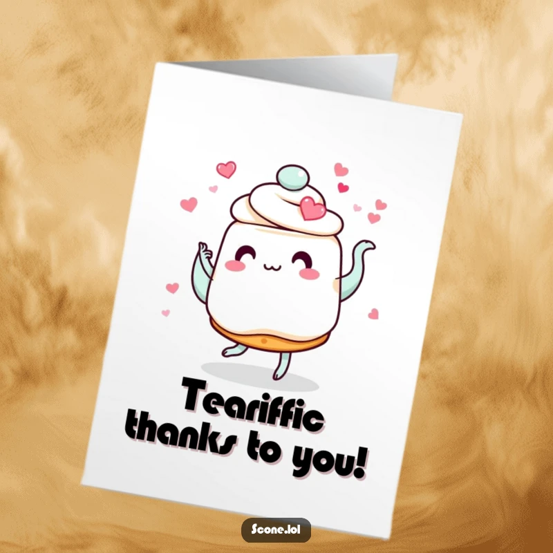 Funny Free Printable Thank You Card of a scone with heart eyes dancing romantically with a swirling teapot, expressing thanks.