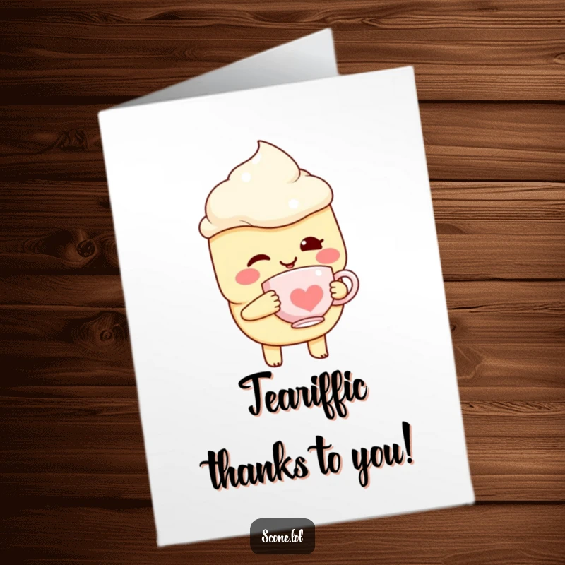 Funny free printable thank you card of a scone character winking with a teacup, conveying warm thanks.
