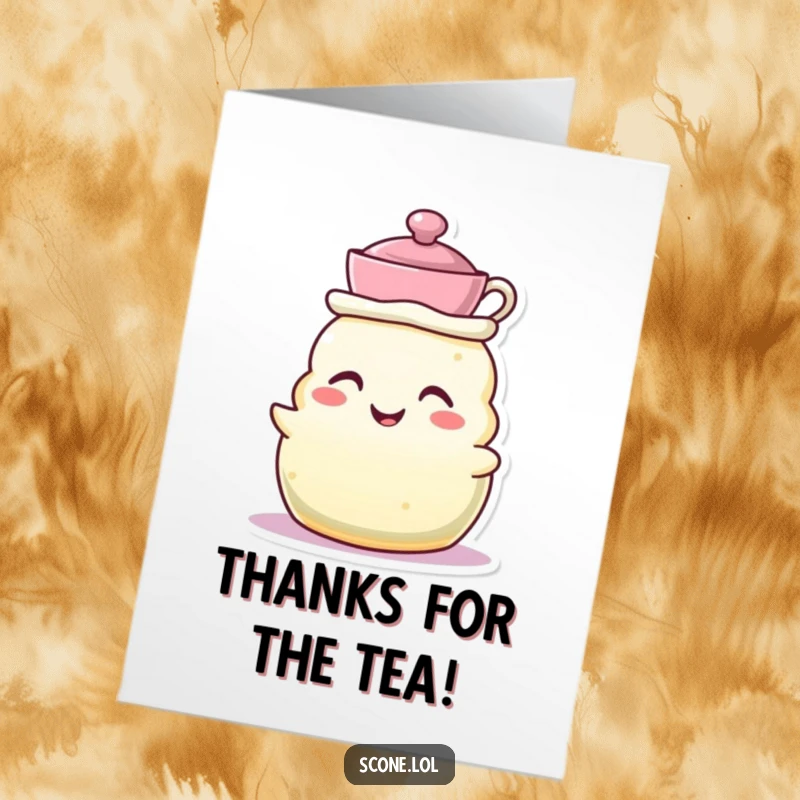 Funny Free Printable Thank You Card: A grinning scone character wears a tiny teacup as a hat, offering a charming thank you.