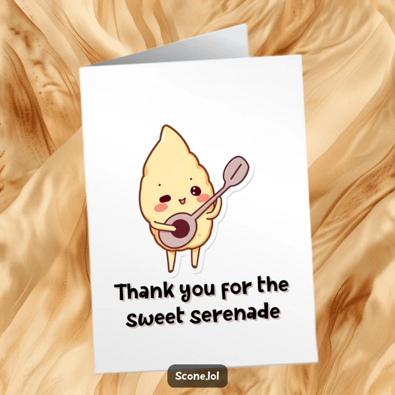 Funny Free Printable Thank You Card: A scone character plays a tiny spoon like a musical instrument to express thanks.