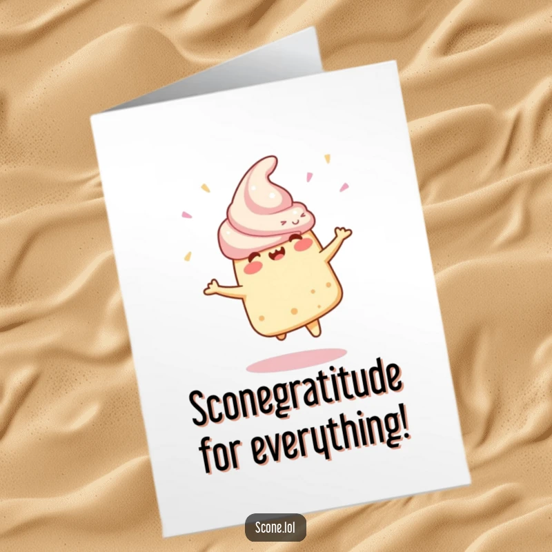 Funny Free Printable Thank You Card depicting a scone character in a lively celebratory spin, a dynamic thank you.