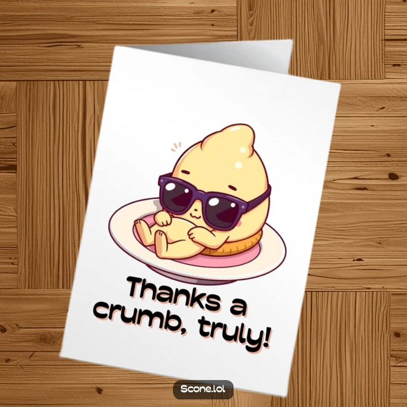 Funny Free Printable thank you card with a scone character wearing sunglasses, lounging on a plate, exuding cool gratitude.