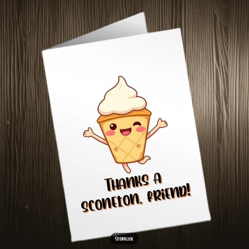 Funny free printable thank you card featuring a cheerful scone character wearing a cream hat and jumping happily.