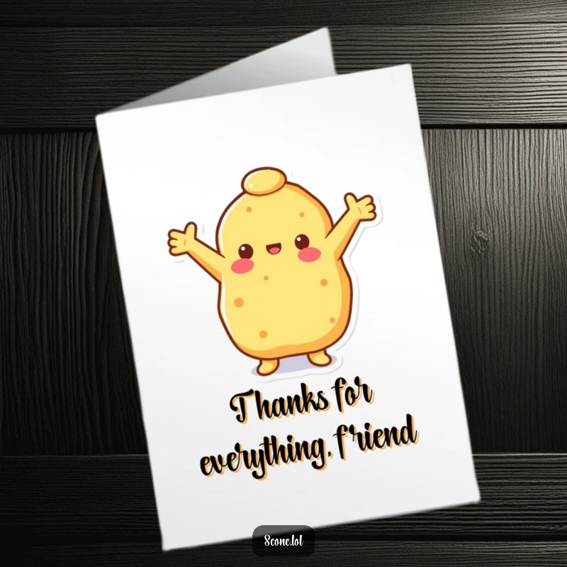 Funny Free Printable Thank You Card featuring a happy scone with arms wide, offering a warm thank you.